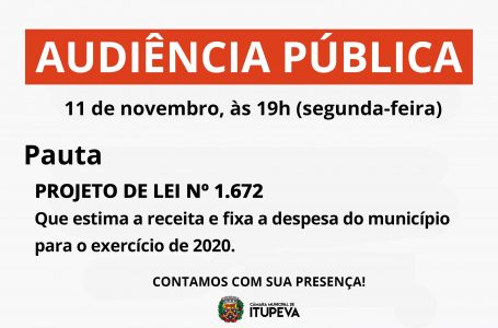 Câmara terá audiência pública de Projeto de Lei sobre exercício financeiro do Executivo para 2020