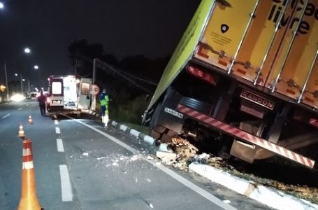 Carreta perde o controle sai da pista e bate em poste no Portal Santa Fé em Itupeva